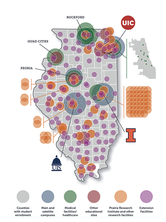 Map of the state of Illinois showing the U of I presence