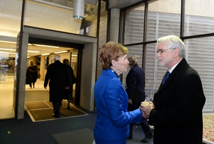 UIS Chancellor Koch greets President-elect Killeen to the Springfield campus.