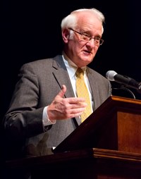 President Robert Easter addresses the audience at the rededication of Lincoln Hall at the University of Illinois at Urbana-Champaign, Feb 12, 2013.