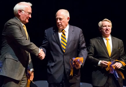 President Robert Easter addresses the audience at the rededication of Lincoln Hall at the University of Illinois at Urbana-Champaign, Feb 12, 2013.
