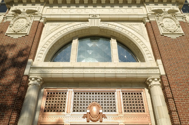 The refurbished doorway of historic Lincoln Hall at the University of Illinois at Urbana-Champaign.