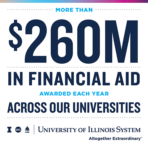 'More than $260M in financial aid awarded each year across our universities' and U of I System logo