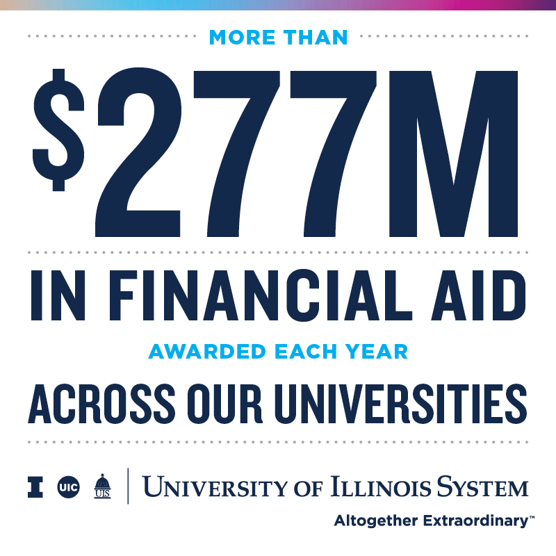 'More than $277M in financial aid awarded each year across our universities' and U of I System logo