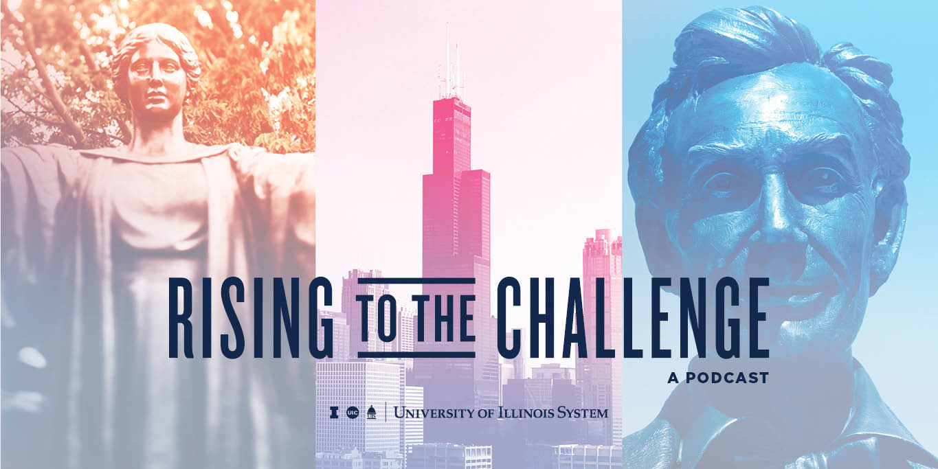 podcast art with U of I System logo and images of Alma Mater, Chicago skyline, and Abe Lincoln