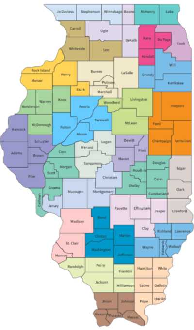 Map of Illinois, showing Extension locations serving every county