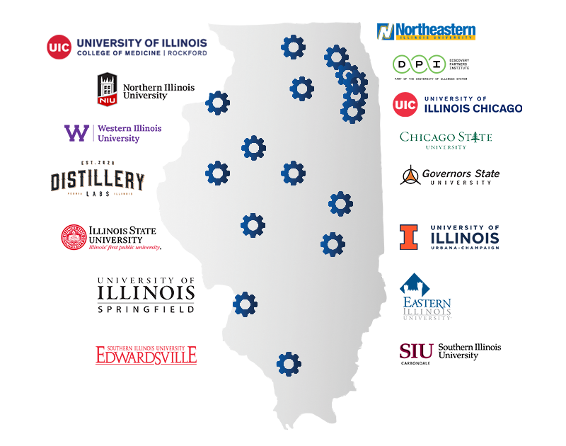 Illinois map with hub locations and logos across state