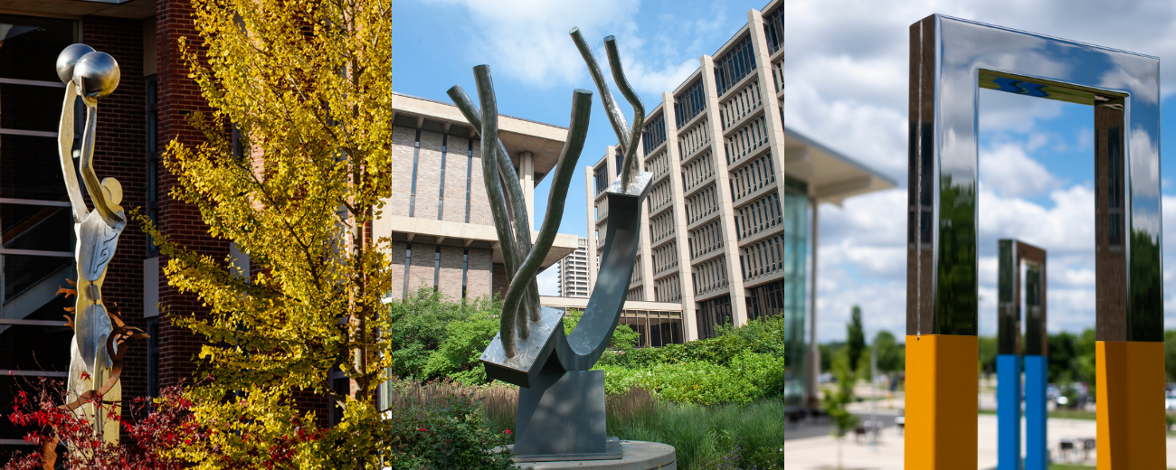 three various artistic outdoor sculptures at three campuses