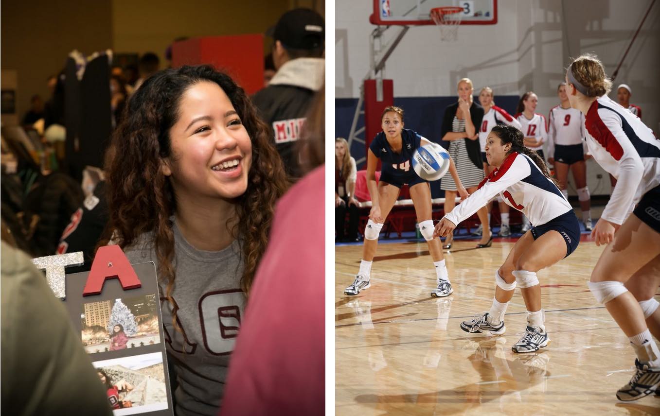 uicRSOs.jpg smiling student with long hair and greek-lettered shirt talking to others and UIC women's volleyball team in action during game