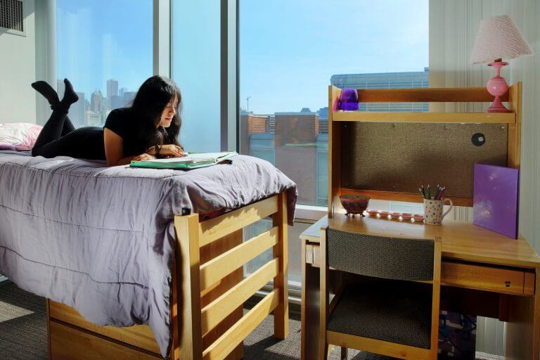 v02-768x512.jpg female student lying on stomach on lofted bed studying in dorm room with Chicago view out of window